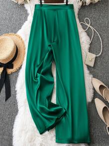 SHEIN LUNE Plus Solid Wide Leg Trousers - Dark Green - View 2