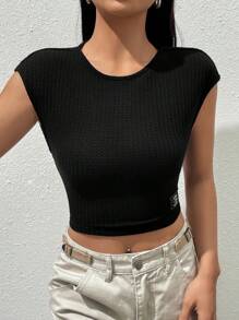 SHEIN EZwear 素色華夫格編織短款T恤 - 黑色 - 查看 6