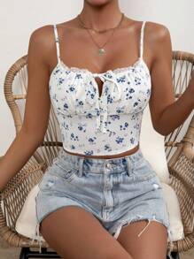 Soleia Ditsy Floral Print Tie Front Cami Top - Blue and White - View 1