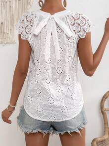 SHEIN VCAY Blusa con bordado con ojal con encaje con cordón trasero - Blanco - Ver 2