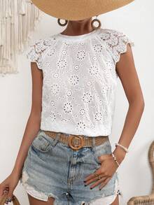 SHEIN VCAY Blusa con bordado con ojal con encaje con cordón trasero - Blanco - Ver 3