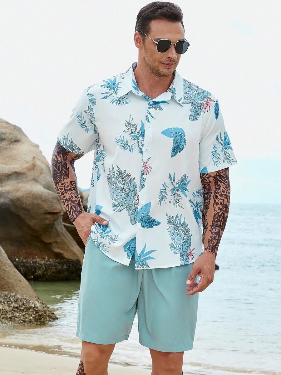 Manfinity RSRT 男士熱帶圖案襯衫和腰部抽繩短褲 - 彩色 - 查看 1