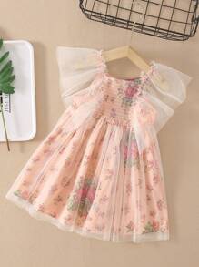 Young Girl Printed Ditsy Floral Tulle Short-Sleeved Dress Summer - Coral Pink - View 1