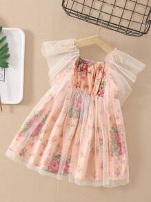 Young Girl Printed Ditsy Floral Tulle Short-Sleeved Dress Summer - Coral Pink - View 2