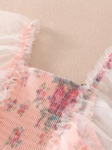 Young Girl Printed Ditsy Floral Tulle Short-Sleeved Dress Summer - Coral Pink - View 3