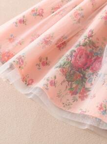 Young Girl Printed Ditsy Floral Tulle Short-Sleeved Dress Summer - Coral Pink - View 4