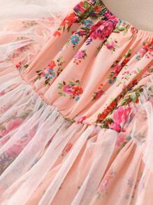 Young Girl Printed Ditsy Floral Tulle Short-Sleeved Dress Summer - Coral Pink - View 6
