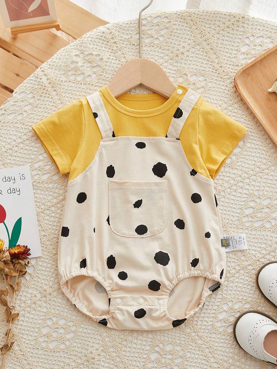Peninsula Baby 夏季女宝宝波尔卡圆点二合一设计吊带连体衣 - 杏色 - 查看 1