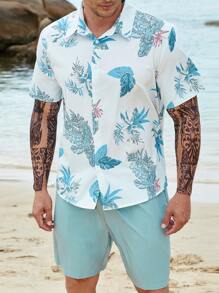 Manfinity RSRT 男士熱帶圖案襯衫和腰部抽繩短褲 - 彩色 - 查看 7