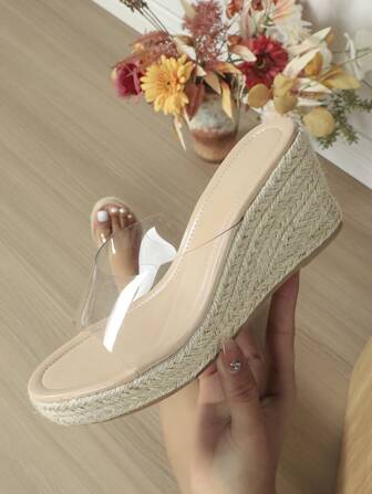 女性透明帶編織坡跟度假戶外涼鞋