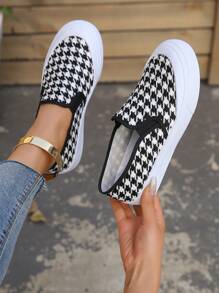 Women Houndstooth Pattern Slip On Shoes, Sporty Outdoor Sneakers - Black - View 2