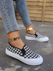 Women Houndstooth Pattern Slip On Shoes, Sporty Outdoor Sneakers - Black - View 3