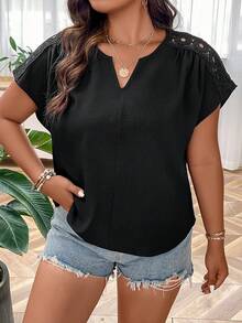 SHEIN LUNE Plus Contrast Lace Notched Neckline Batwing Sleeve Blouse - Black - View 6