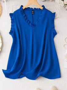 SHEIN Clasi Plus Frill Trim V Neck Blouse - Blue - View 1