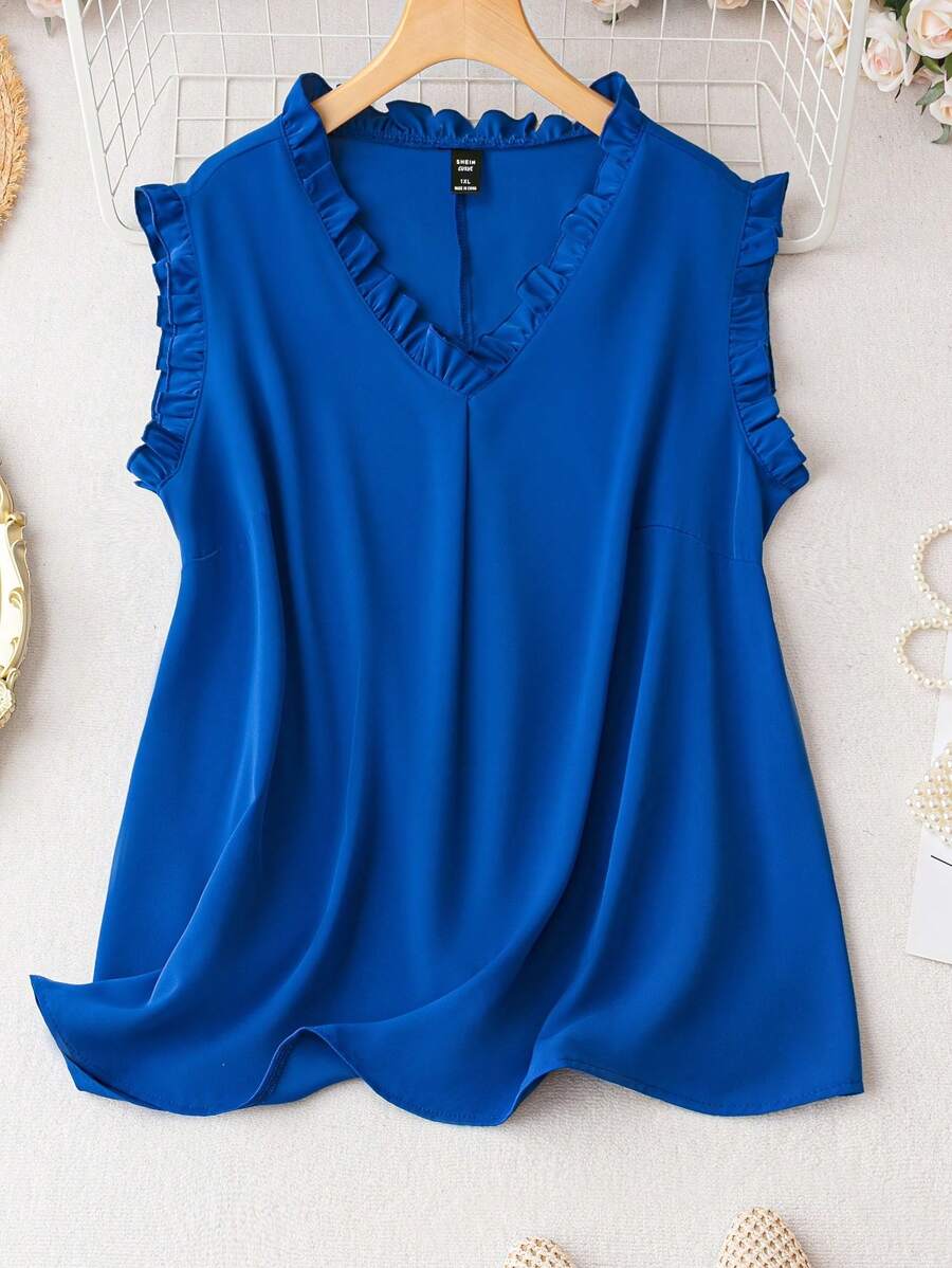 SHEIN Clasi Plus Frill Trim V Neck Blouse - Blue - View 1