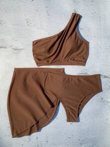Swim Vcay Bãi biển mùa hè Áo ngực một vai & Bộ bikini đáy bơi có váy che đi biển Bộ đồ tắm - Cà phê nâu - Xem 3