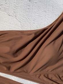 Swim Vcay Bãi biển mùa hè Áo ngực một vai & Bộ bikini đáy bơi có váy che đi biển Bộ đồ tắm - Cà phê nâu - Xem 4