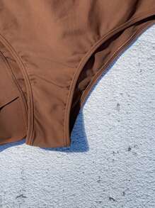 Swim Vcay Bãi biển mùa hè Áo ngực một vai & Bộ bikini đáy bơi có váy che đi biển Bộ đồ tắm - Cà phê nâu - Xem 5