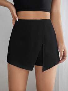 SHEIN PETITE Quần đùi nữ Chia màu trơn Giải trí - màu đen - Xem 1