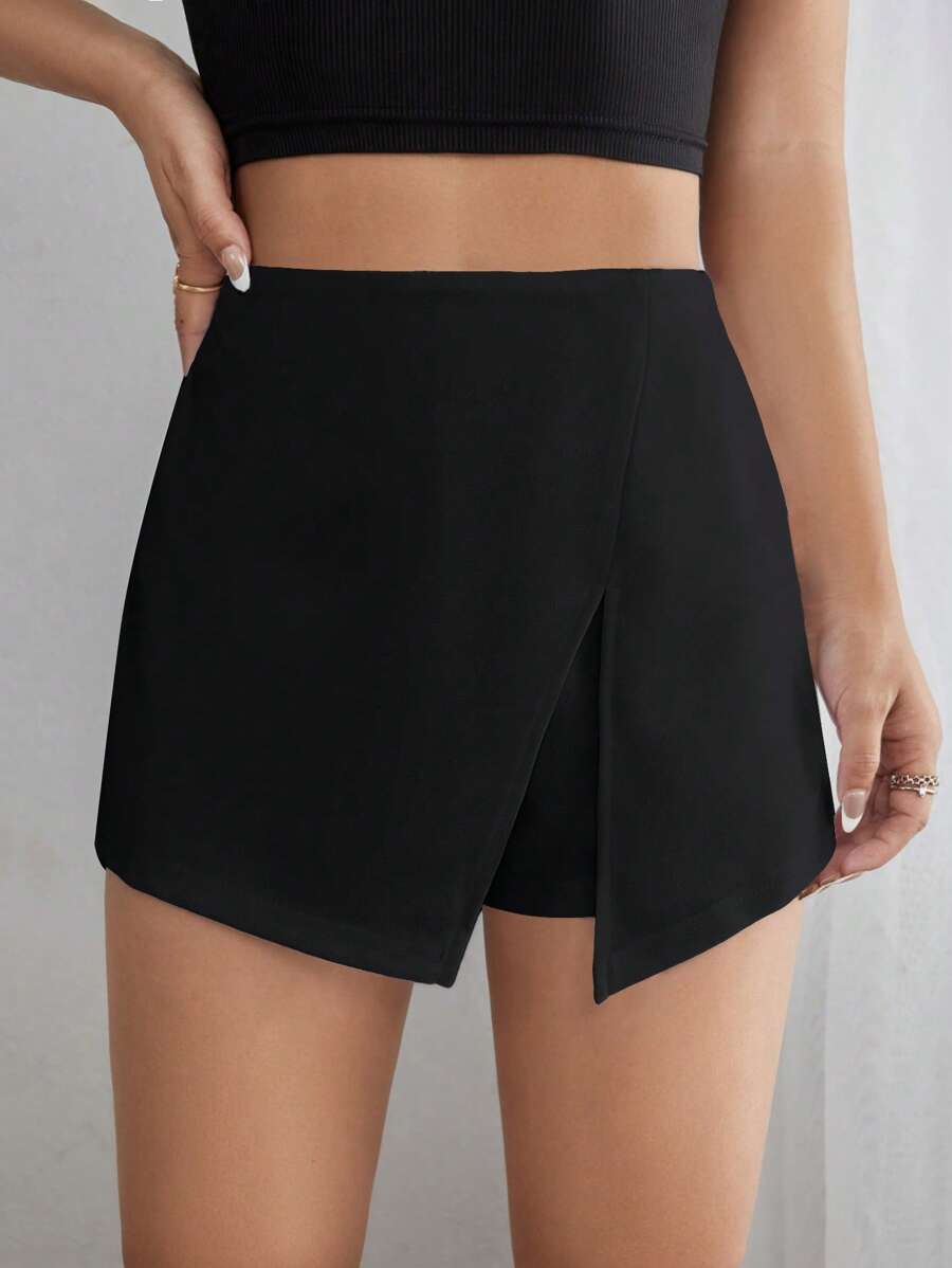 SHEIN PETITE Quần đùi nữ Chia màu trơn Giải trí - màu đen - Xem 1