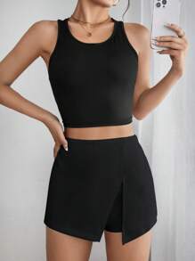SHEIN PETITE Quần đùi nữ Chia màu trơn Giải trí - màu đen - Xem 4