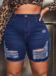 SHEIN SXY Plus Ripped Raw Hem Denim Shorts - Dark Wash - View 1