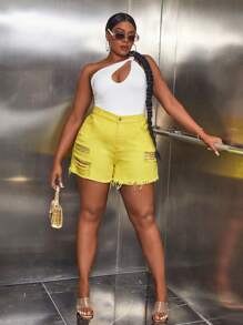 SHEIN SXY 大碼破洞毛邊牛仔短褲 - 黃色 - 查看 3