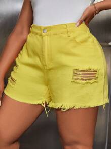 SHEIN SXY 大碼破洞毛邊牛仔短褲 - 黃色 - 查看 5