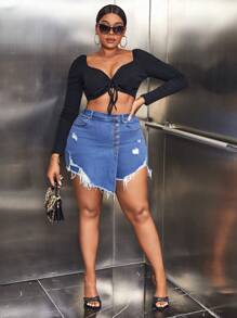 SHEIN SXY 大碼紐扣門襟破洞毛邊牛仔裙褲 - 中等水洗藍 - 查看 5