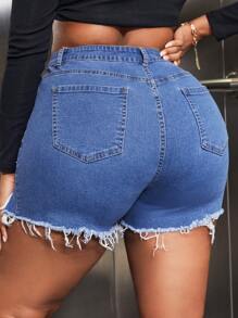 SHEIN SXY 大碼紐扣門襟破洞毛邊牛仔裙褲 - 中等水洗藍 - 查看 6