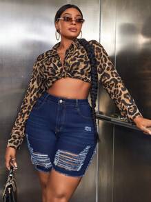 SHEIN SXY Plus Ripped Raw Hem Denim Shorts - Dark Wash - View 6