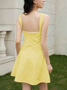 素色後拉鏈吊帶連衣裙 - 黃色 - 查看 2