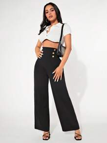 SHEIN PETITE Button Detail Wide Leg Trousers - Black - View 1