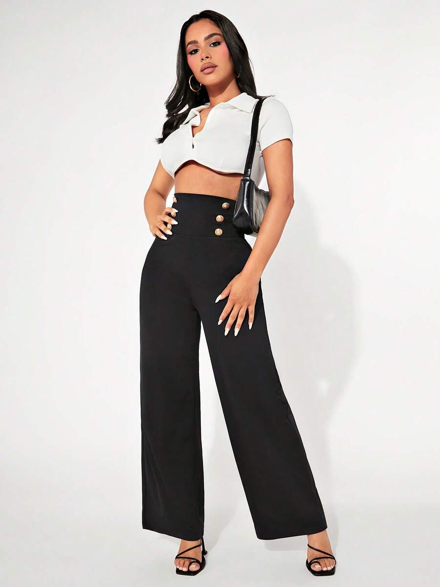 SHEIN PETITE Button Detail Wide Leg Trousers - Black - View 1