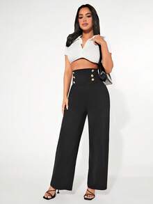 SHEIN PETITE Button Detail Wide Leg Trousers - Black - View 3
