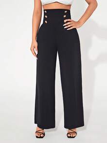 SHEIN PETITE Button Detail Wide Leg Trousers - Black - View 5
