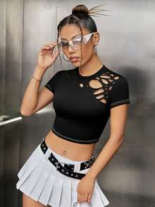 SHEIN ICON Áo thun nữ Cắt ra màu trơn Giải trí - màu đen - Xem 2