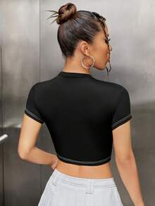 SHEIN ICON Áo thun nữ Cắt ra màu trơn Giải trí - màu đen - Xem 3
