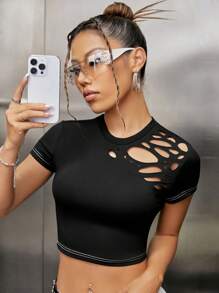 SHEIN ICON Áo thun nữ Cắt ra màu trơn Giải trí - màu đen - Xem 1