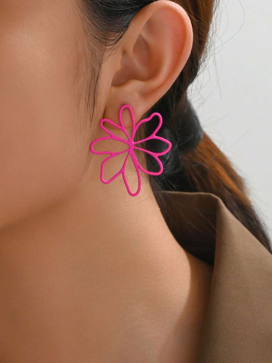 1 đôi bông tai kim loại hình hoa rỗng phóng đại dành cho nữ, gợi cảm và độc đáo cho phong cách đường phố, kỳ nghỉ hè và hẹn hò, khuyên tai - Màu Hồng Tươi - Xem 1