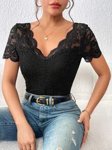 SHEIN Frenchy 貝殼邊蕾絲覆蓋上衣 - 黑色 - 查看 2