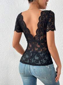 SHEIN Frenchy 貝殼邊蕾絲覆蓋上衣 - 黑色 - 查看 5