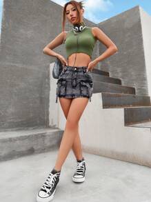 翻蓋口袋帶扣細節牛仔半身裙 - 灰色 - 查看 6