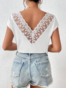 SHEIN Frenchy Áo thun nữ Tương phản ren Tương phản Mesh màu trơn Giải trí - trắng - Xem 1