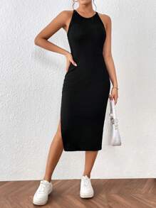 SHEIN Frenchy Đầm Gân đan Tách cao màu trơn Thanh lịch - màu đen - Xem 5