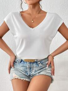 SHEIN Frenchy Áo thun nữ Tương phản ren Tương phản Mesh màu trơn Giải trí - trắng - Xem 3