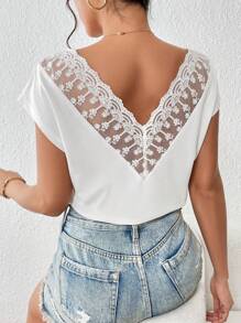 SHEIN Frenchy Áo thun nữ Tương phản ren Tương phản Mesh màu trơn Giải trí - trắng - Xem 7