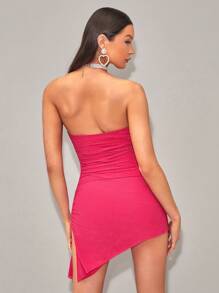 SHEIN BAE Ruched Side Asymmetrical Hem Glitter Tube Bodycon Dress - Hot Pink - View 3