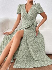 SHEIN Frenchy 碎花側打結圍裹式連衣裙 - 綠色 - 查看 3
