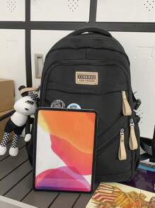 超大经典背包字母图案卡通装饰书包，适合毕业生、少女、大一、大二、大三和大四学生，大学和高中，非常适合户外白领工作者，非常适合返校、开学第一天、大学、中学、高中、假日、街头和日式风格女包 - 黑色 - 查看 4